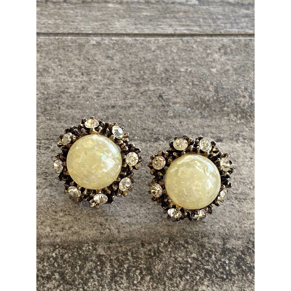 Vintage Clip Ons Clips Earrings Confetti Lucite Plastic Crystal Rhinestones